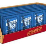 Caja abierta con sobres azules de bebida hidratante energética Hydrotech para mezclar con agua