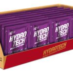 Caja abierta con sobres morados de bebida hidratante energética Hydro Tech sabor mora organizados en filas