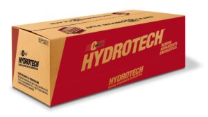 Caja de cartón con diseño rojo y beige con la marca Hydrotech, bebida hidratante energética
