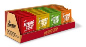 Caja exhibidora con sobres de bebida hidratante energética Hydro Tech en colores rojo, amarillo, verde y naranja