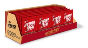 Caja abierta con sobres rojos de bebida hidratante energética Hydro Tech para preparar bebida deportiva