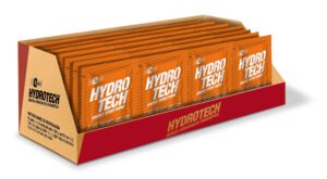 Caja abierta con sobres naranjas de bebida hidratante energética Hydro Tech