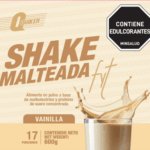 Envase de shake malteada fit sabor vainilla con proteína de suero y maltodextrina, 600 gramos y 17 porciones