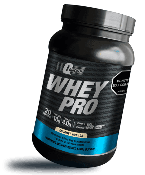 Envase de suplemento de proteína Whey Pro sabor vainilla gourmet con 20 porciones y 18 gramos de proteína por servicio