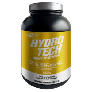 Envase negro con etiqueta amarilla de suplemento Hydro Tech bebida deportiva sabor maracuyá de 4540 gramos