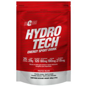 Paquete rojo de Hydro Tech bebida deportiva energética en polvo sabor frutos rojos con información nutricional
