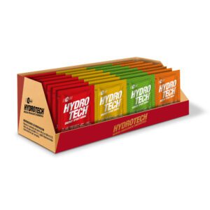 Caja abierta con sobres de bebida hidratante energética Hydro Tech en colores rojo, amarillo, verde y naranja