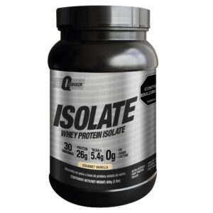 Envase negro de proteína whey isolate sabor vainilla con 30 porciones y 26 gramos de proteína por ración