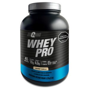 Frasco negro de proteína Whey Pro con sabor vainilla, etiqueta con información nutricional y cantidad neta de 2.270 gramos