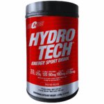 Envase rojo de Hydro Tech bebida deportiva en polvo sabor frutos rojos con información nutricional