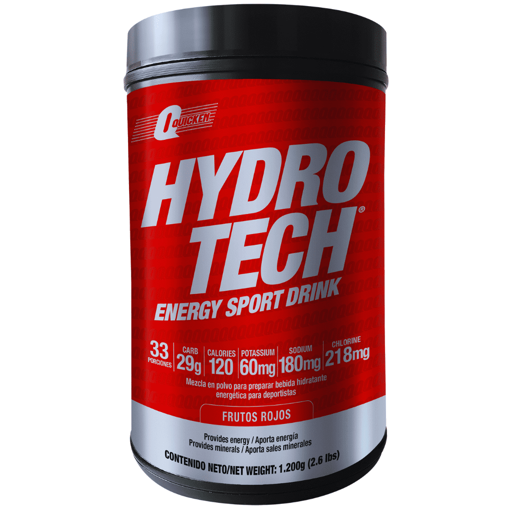 Envase rojo de Hydro Tech bebida deportiva en polvo sabor frutos rojos con información nutricional