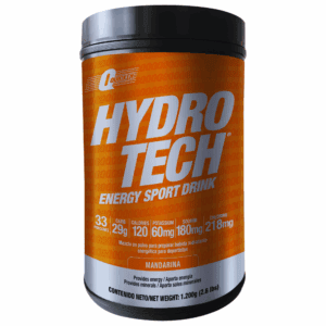 Envase de bebida energética en polvo Hydro Tech sabor mandarina con información nutricional visible