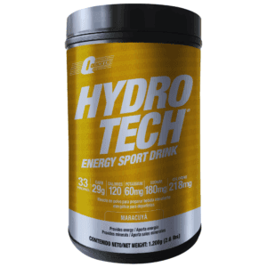 Envase amarillo de Hydro Tech bebida deportiva en polvo sabor maracuyá con información nutricional y peso neto de 1200 gramos