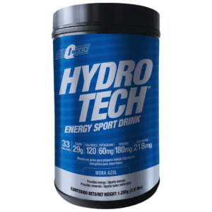Envase de polvo Hydro Tech para preparar bebida energética sabor mora azul con información nutricional y peso neto de 1200 gramos