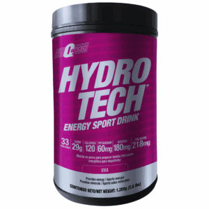 Envase de Hydro Tech bebida energética en polvo sabor uva con 33 porciones y detalles nutricionales visibles