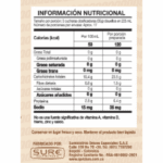 Tabla nutricional de un shake proteico con calorías, grasas, carbohidratos, proteínas y sodio por porción y 100 ml