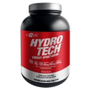 Envase de suplemento energético Hydro Tech sabor frutos rojos con etiqueta roja y negro