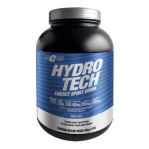 Envase negro con etiqueta azul de suplemento energético Hydro Tech sabor mora azul