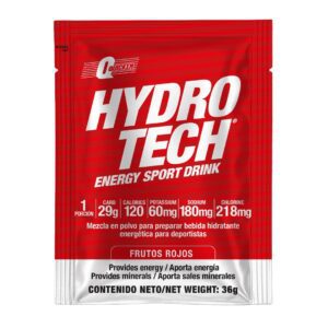 Sobre de mezcla en polvo Hydro Tech sabor frutos rojos para preparar bebida deportiva energizante con minerales y 120 calorías