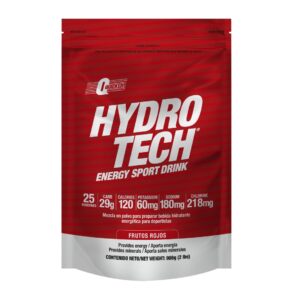 Paquete rojo de Hydro Tech bebida deportiva en polvo sabor frutos rojos con información nutricional visible
