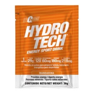 Sobre naranja de polvo para bebida energética deportiva Hydro Tech sabor mandarina con información nutricional