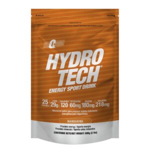 Paquete de polvo Hydro Tech de sabor mandarina para bebida deportiva energética con detalles nutricionales visibles