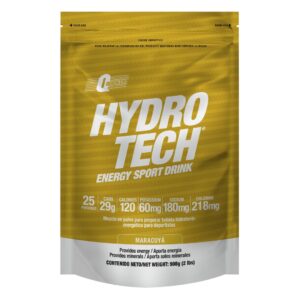 Sobre amarillo de Hydro Tech bebida energética en polvo sabor maracuyá con información nutricional