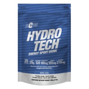 Paquete de mezcla en polvo Hydro Tech sabor mora azul para bebida deportiva energética con información nutricional