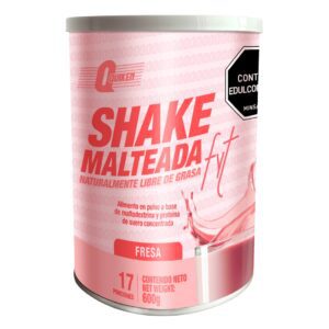 Envase rosa de shake malteada sabor fresa con 17 porciones y 600 gramos
