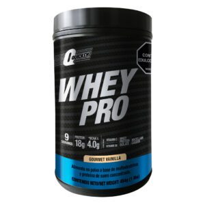 Envase negro de proteína Whey Pro sabor vainilla gourmet con información nutricional