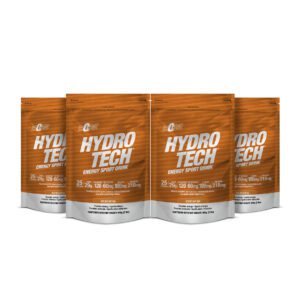 Paquete de cinco bolsas de bebida deportiva Hydro Tech sabor mandarina con información nutricional visible