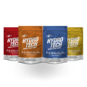 Cuatro sobres de bebida energética Hydro Tech en sabores frutos rojos, mandarina, mora azul y maracuyá.