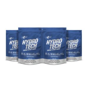 Cuatro paquetes azules de polvo para bebida deportiva Hydro Tech sabor mora azul con información nutricional