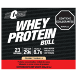 Etiqueta de proteína Whey Protein Bull sabor vainilla con 29g de proteína y 6.7g de BCAA por porción
