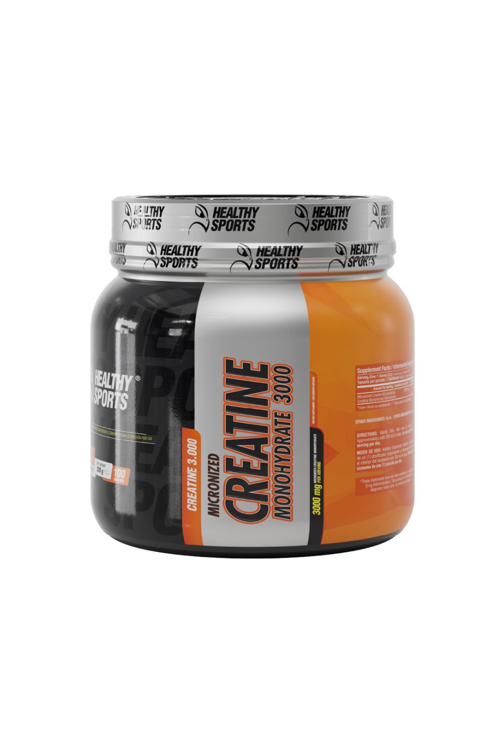 Frasco de suplemento de creatina monohidrato 3000 micronizada de la marca Healthy Sports con diseño en colores negro, blanco y naranja